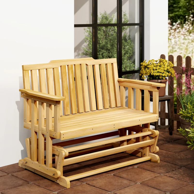 Outsunny 2-Person Patio Swing Glider Bench with Quick Drying Design and Wide Armrest, Wood Rocking Chair Loveseat for Backyard Garden Porch, Natural