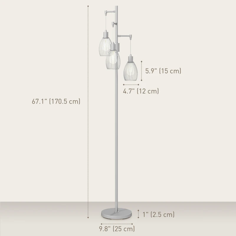 HOMCOM Industrial Floor Lamp with 3 Hanging Wire Lampshades, Dimmable Standing Lamp for Living Room, Silver