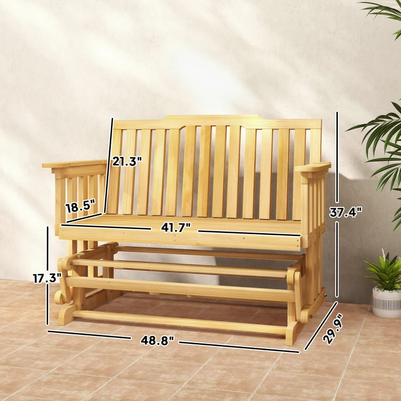 Outsunny 2-Person Patio Swing Glider Bench with Quick Drying Design and Wide Armrest, Wood Rocking Chair Loveseat for Backyard Garden Porch, Natural
