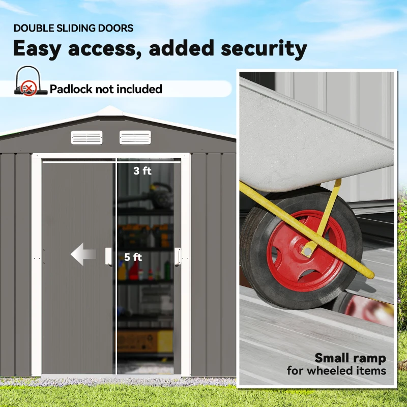 Outsunny 9' x 6' Outdoor Storage Shed, Garden Tool House with Foundation Kit, 4 Vents and 2 Easy Sliding Doors for Backyard, Patio, Garage, Lawn, Gray