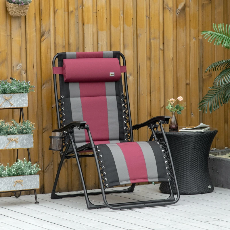 Outsunny XL Oversize Zero Gravity Recliner, Padded Patio Lounger Chair, Folding Chair with Adjustable Backrest, Cup Holder, and Headrest for Backyard, Poolside, Lawn, Striped, Wine Red