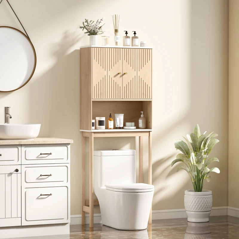 HOMCOM Over The Toilet Storage Cabinet with Adjustable Shelf, Open Shelf and Adjustable Bottom Bar, Oak
