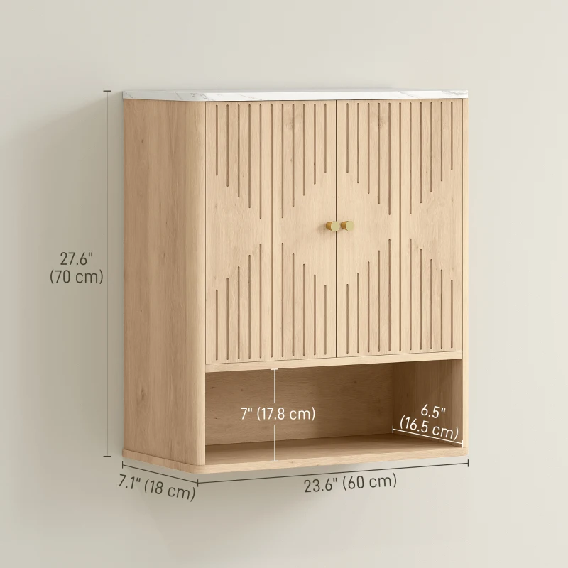 HOMCOM Bathroom Wall Cabinet, Wall-Mounted Medicine Cabinet with Adjustable Shelf, Open Shelf and Marble Effect Top, Oak