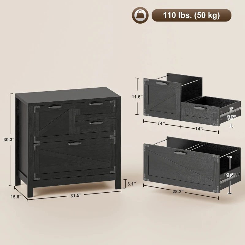 HOMCOM Lateral Filing Cabinet, Farmhouse File Cabinet with 4 Drawers, Fit Letter/A4/Legal Hanging Files, Black