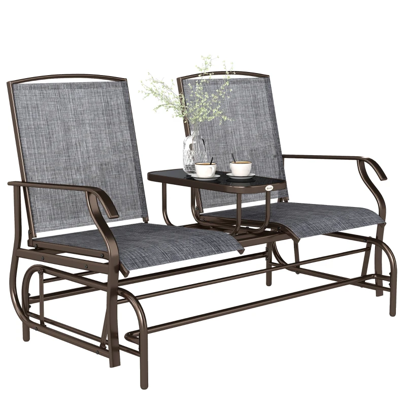 Outsunny 2-Seat Outdoor Glider Swing, Center Coffee Table and Independent Chairs, Supports Up to 352 lbs., Loveseat with Breathable Sling for Backyard, Garden, and Porch, Brown