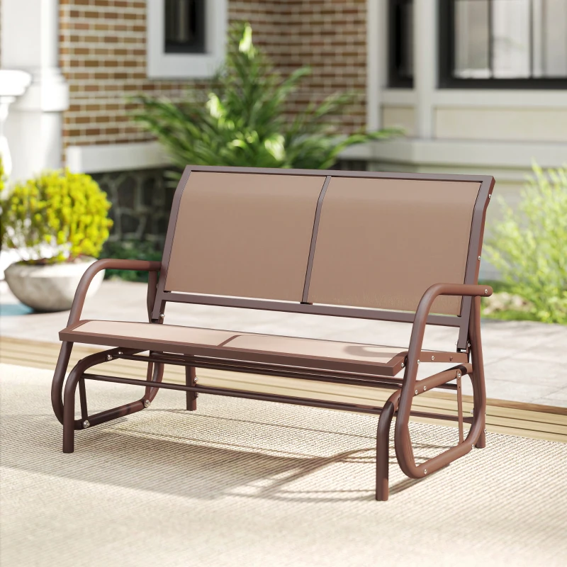 Outsunny Patio Double Glider Outdoor Steel Sling Fabric Gliding Bench Garden Swing Chair Heavy-Duty Porch Rocker Garden Loveseat Coffee Brown