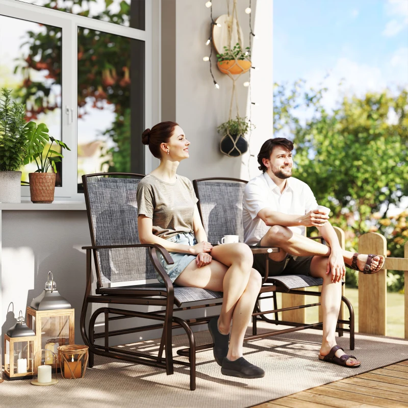 Outsunny 2-Seat Outdoor Glider Swing, Center Coffee Table and Independent Chairs, Supports Up to 352 lbs., Loveseat with Breathable Sling for Backyard, Garden, and Porch, Brown