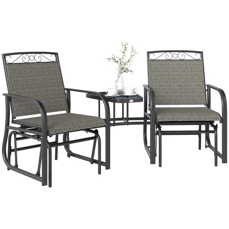 Outsunny Outdoor Glider Chairs with Coffee Table, Patio 2-Seat Rocking Chair Swing with Breathable Sling for Backyard, Gray