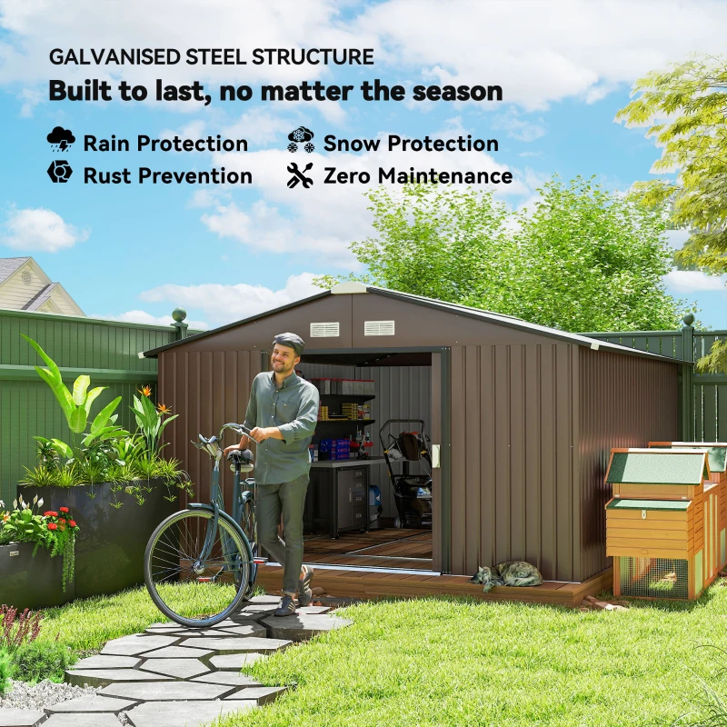 Outsunny Garden Metal Shed, Storage Shed Utility Storage with Double Locking Doors for Bike, Yard Tools, Brown