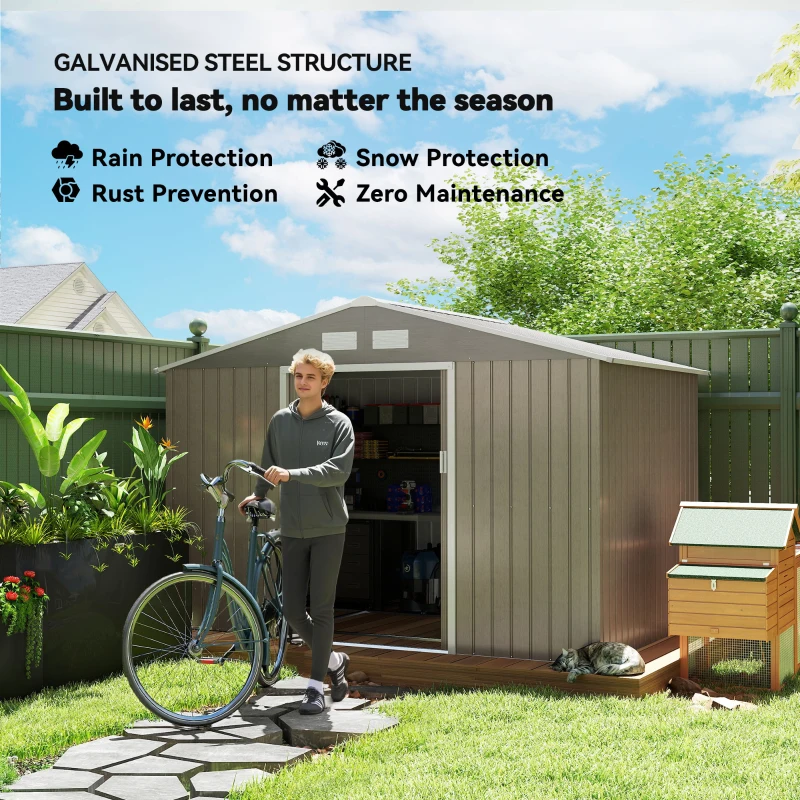 Outsunny Outdoor Shed Garden Storage Shed Tool Storage Building with 4 Vents and 2 Sliding Doors, 9 x 6 FT, Light Brown