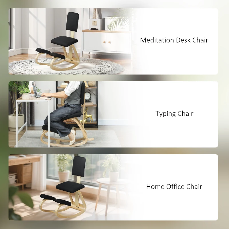 HOMCOM Ergonomic Kneeling Chair, Rocking Wood Kneel Stool with Backrest for Improve Posture, Back Pain, Black