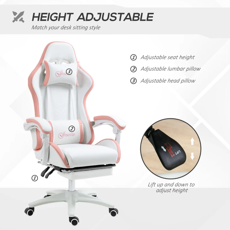 Vinsetto Computer Gaming Chair, PU Leather Office Desk Chair with Footrest, Swivel Wheels, 135° Reclining Back, White