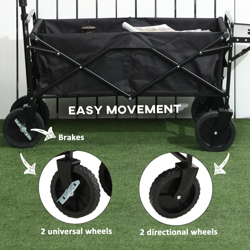 Outsunny Foldable Wagon Garden Carts with Wheels and Side Table, Black