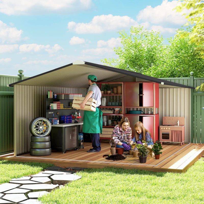 Outsunny Garden Metal Shed, Storage Shed Utility Storage with Double Locking Doors for Bike, Yard Tools, Brown