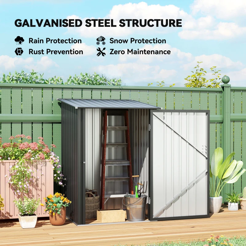Outsunny 3.3' x 3.4' Lean-to Garden Storage Shed, Small Outdoor Galvanized Steel Tool House with Lockable Door for Patio, Backyard, Lawn, Dark Gray