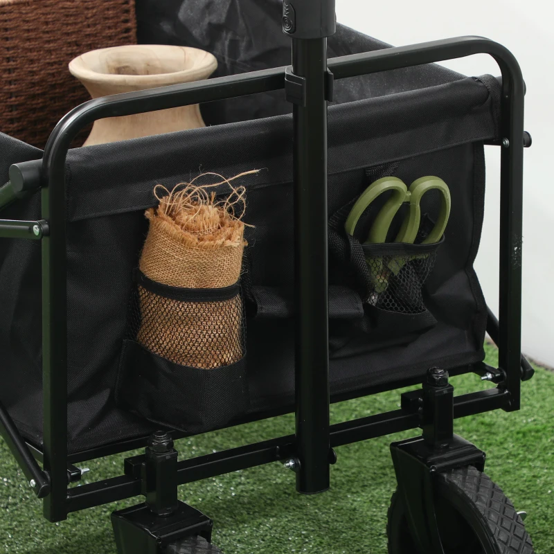 Outsunny Foldable Wagon Garden Carts with Wheels and Side Table, Black