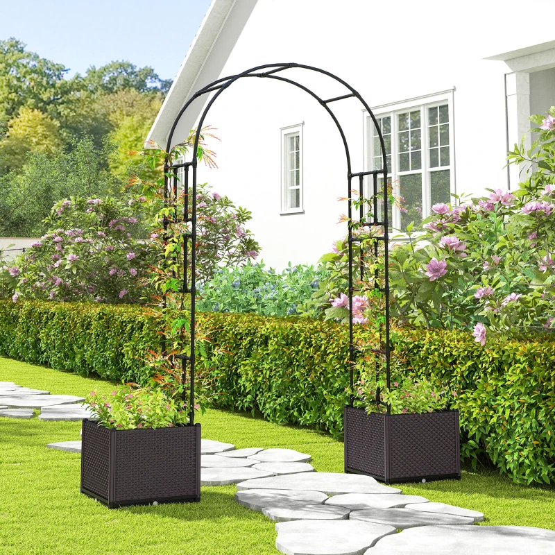 Outsunny 8ft Garden Arch with Two Planters Outdoor Steel Trellis Arbor for Climbing Plants, Weddings, Party, Brown, Black