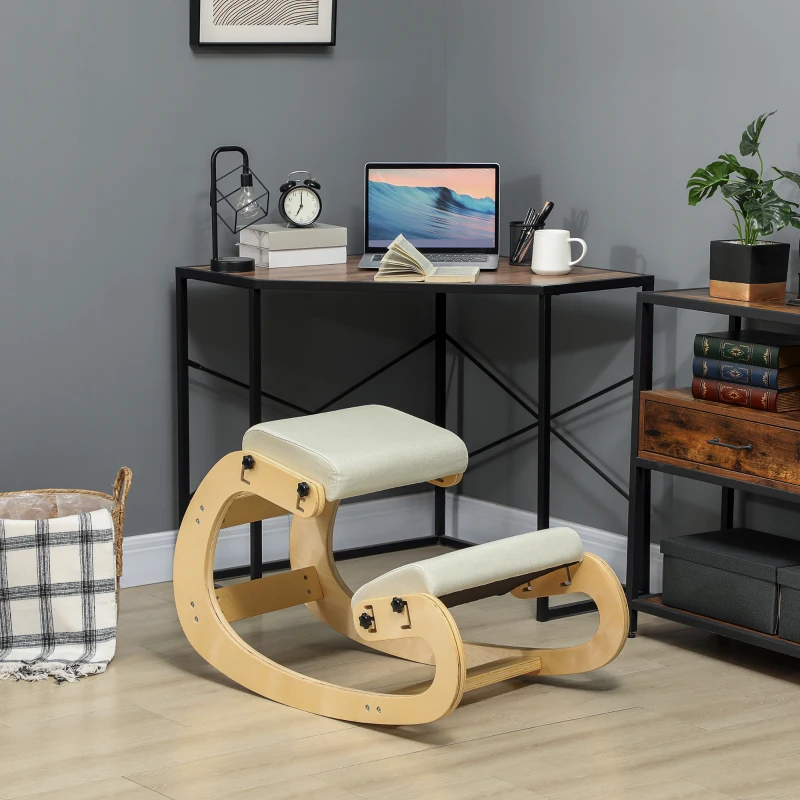 HOMCOM Ergonomic Kneeling Chair, Adjustable Rocking Wood Kneeling Stool, Desk Chair, Improve Posture, Cream White