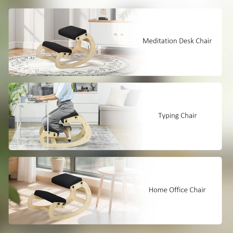 HOMCOM Ergonomic Kneeling Chair, Adjustable Rocking Wood Kneeling Stool, Desk Chair, Improve Posture, Black
