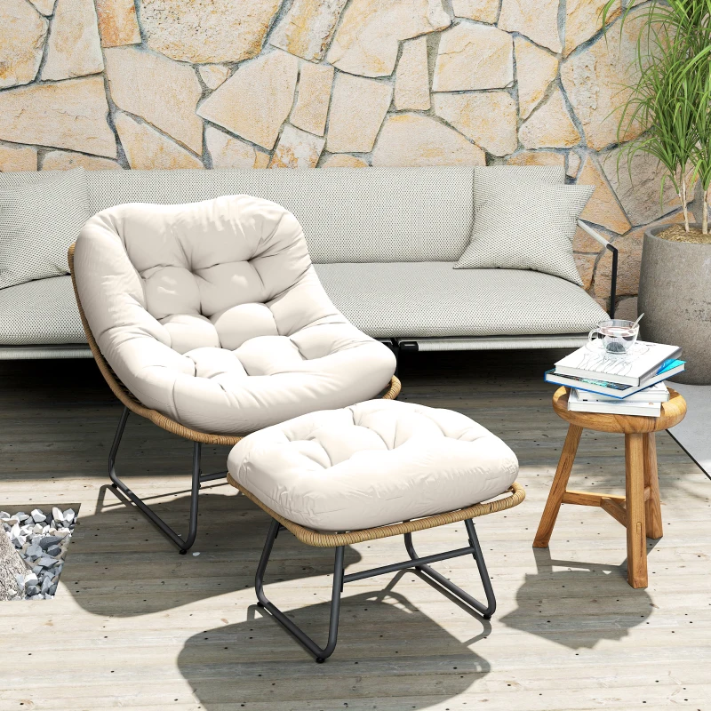 Outsunny Rattan Chair w/ Stool, Cushion, Adjustable Foot Pads, Natural