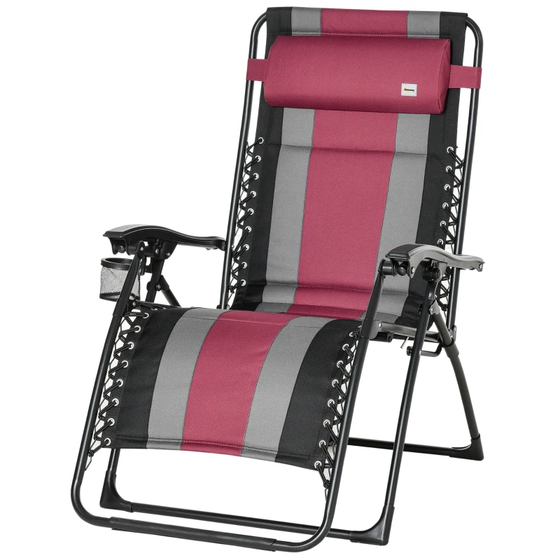 Outsunny XL Oversize Zero Gravity Recliner, Padded Patio Lounger Chair, Folding Chair with Adjustable Backrest, Cup Holder, and Headrest for Backyard, Poolside, Lawn, Striped, Wine Red