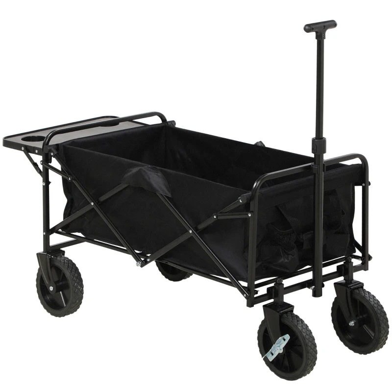 Outsunny Foldable Wagon Garden Carts with Wheels and Side Table, Black