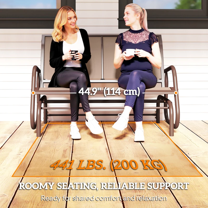 Outsunny Patio Double Glider Outdoor Steel Sling Fabric Gliding Bench Garden Swing Chair Heavy-Duty Porch Rocker Garden Loveseat Coffee Brown