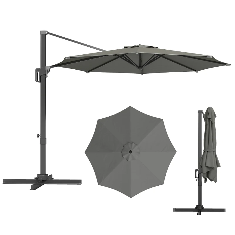 Outsunny 10' Offset Patio Umbrella Cantilever Umbrella with Aluminium Pole 360° Rotation and Tilt Adjustment, Grey
