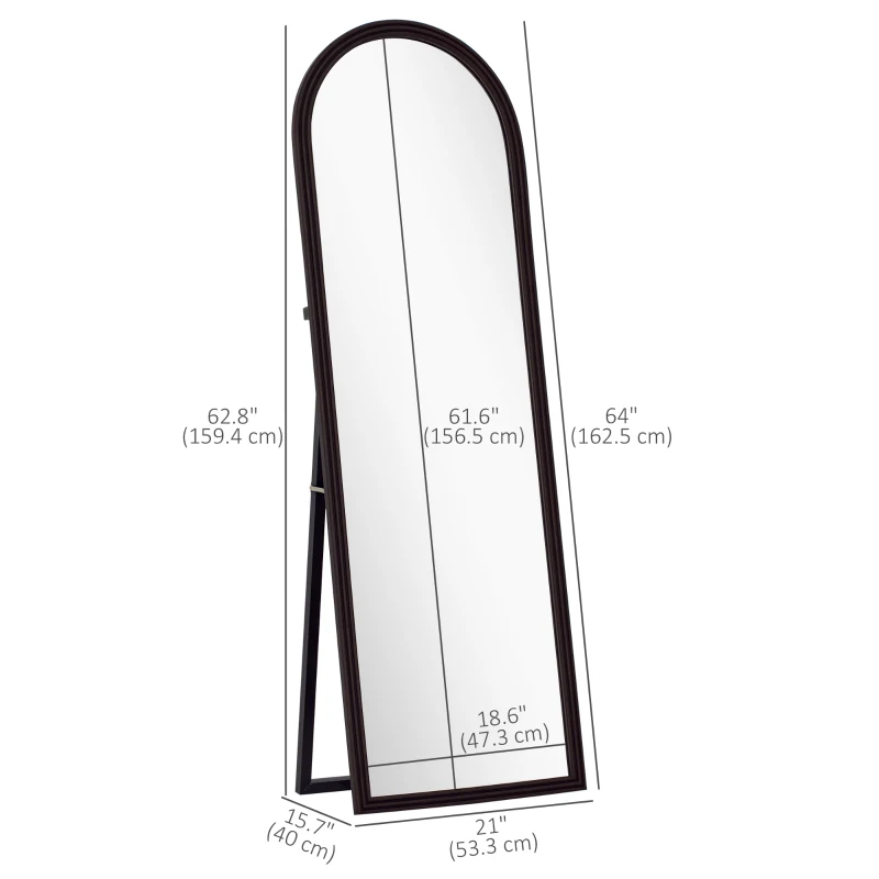 HOMCOM 64" x 21" Full Length Mirror, Free Standing, Leaning or Wall, Arched Full Body Mirror, Brown Wood Grain