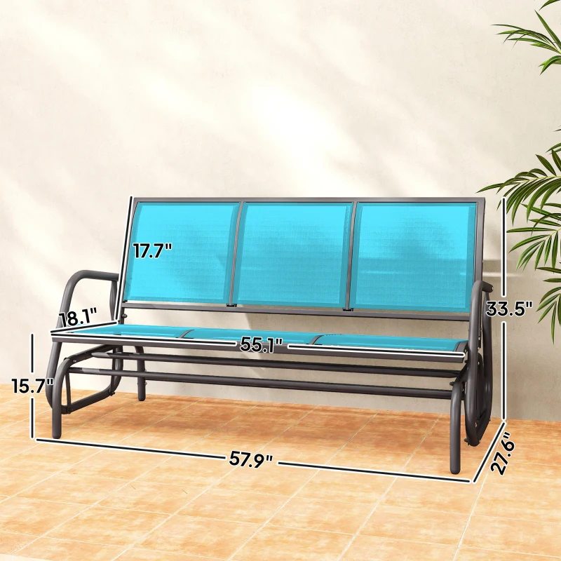 Outsunny 3-Person Outdoor Patio Glider Bench, Porch Glider Swing with 3 Seats, Breathable Mesh Fabric, Metal Frame, Blue