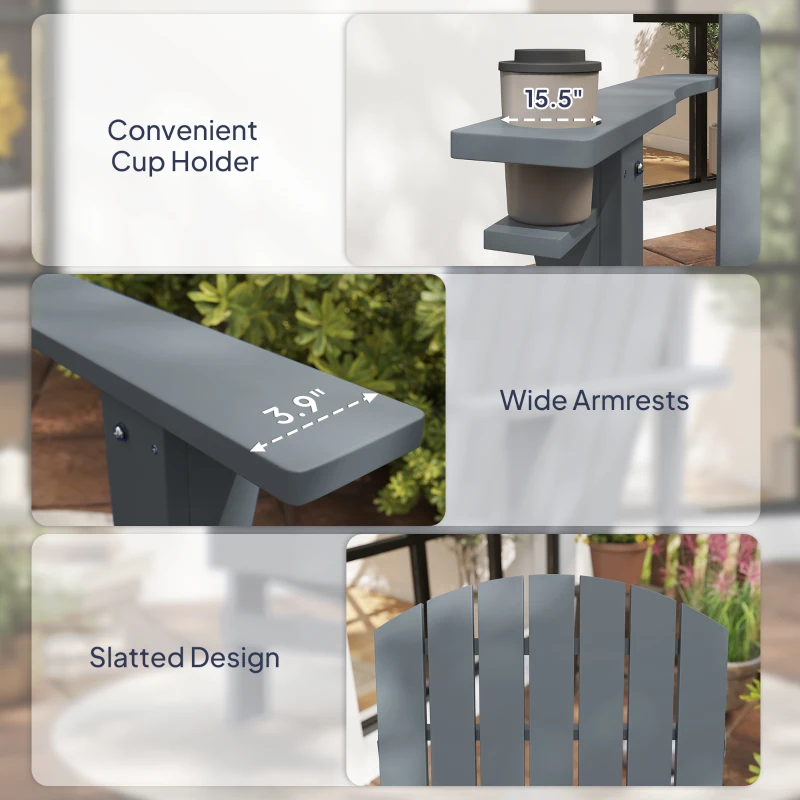 Outsunny Oversized Adirondack Chair, Outdoor Fire Pit and Porch Seating, Classic Log Lounge w/ Built-in Cupholder, Dark Gray