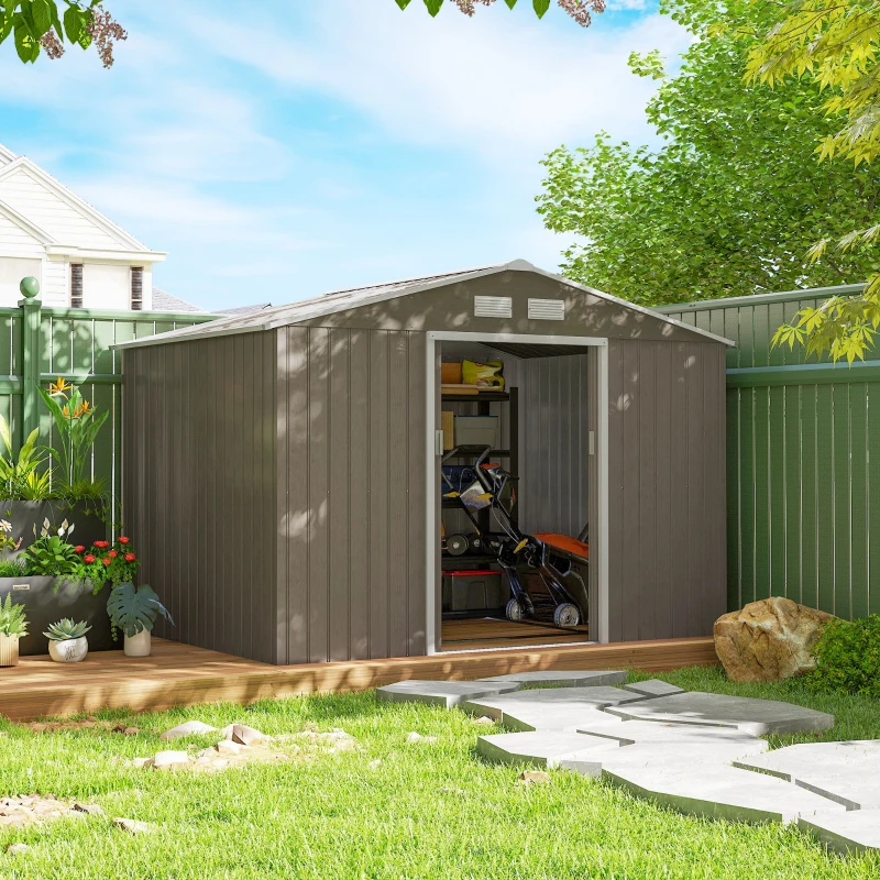 Outsunny Outdoor Shed Garden Storage Shed Tool Storage Building with 4 Vents and 2 Sliding Doors, 9 x 6 FT, Light Brown