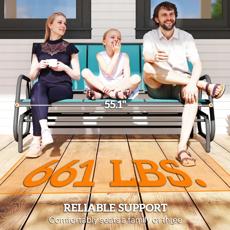 Outsunny 3-Person Outdoor Patio Glider Bench, Porch Glider Swing with 3 Seats, Breathable Mesh Fabric, Metal Frame, Blue