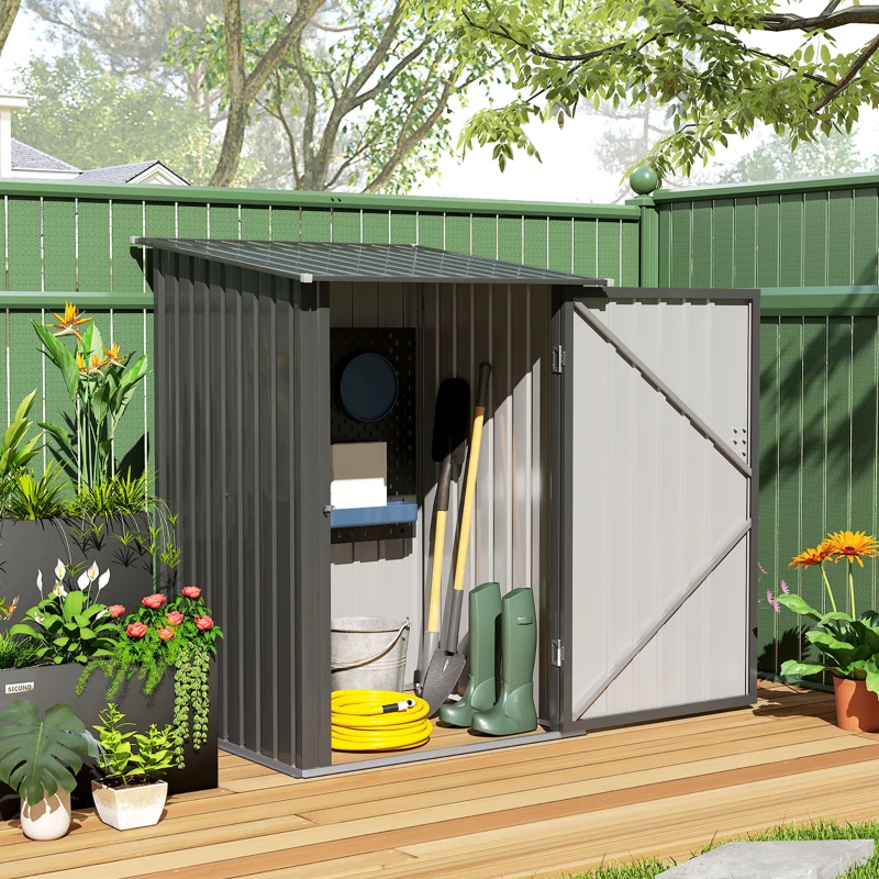 Outsunny 3.3' x 3.4' Lean-to Garden Storage Shed, Small Outdoor Galvanized Steel Tool House with Lockable Door for Patio, Backyard, Lawn, Dark Gray