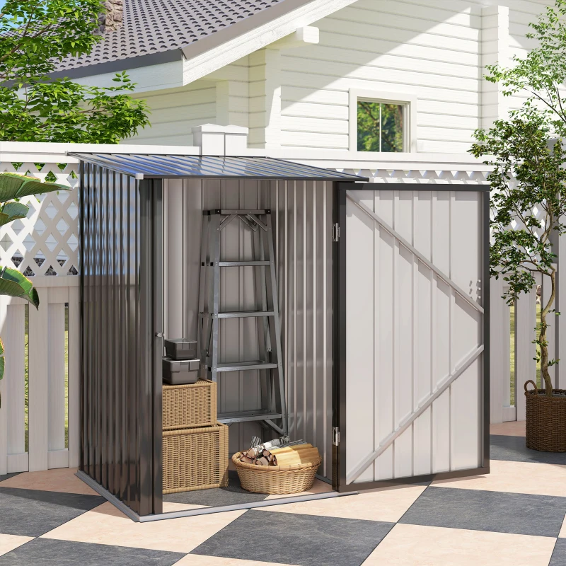 Outsunny 3.3' x 3.4' Lean-to Garden Storage Shed, Small Outdoor Galvanized Steel Tool House with Lockable Door for Patio, Backyard, Lawn, Dark Gray