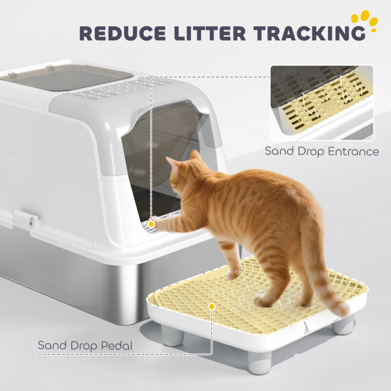 PawHut Extra Large Stainless Steel Litter Box, Enclosed Cat Litter Box with Scoop, Deodorizer Bag, Sand Drop Pedal