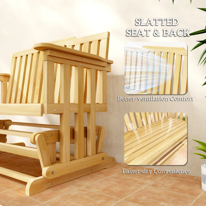 Outsunny 2-Person Patio Swing Glider Bench with Quick Drying Design and Wide Armrest, Wood Rocking Chair Loveseat for Backyard Garden Porch, Natural