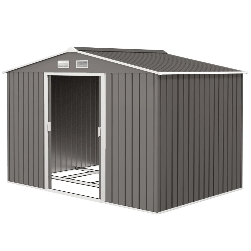 Outsunny 9' x 6' Outdoor Storage Shed, Garden Tool House with Foundation Kit, 4 Vents and 2 Easy Sliding Doors for Backyard, Patio, Garage, Lawn, Gray
