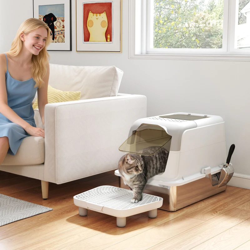 PawHut Extra Large Stainless Steel Litter Box, Enclosed Cat Litter Box with Scoop, Deodorizer Bag, Sand Drop Pedal