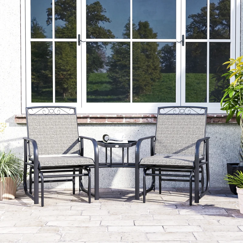 Outsunny Outdoor Glider Chairs with Coffee Table, Patio 2-Seat Rocking Chair Swing with Breathable Sling for Backyard, Gray