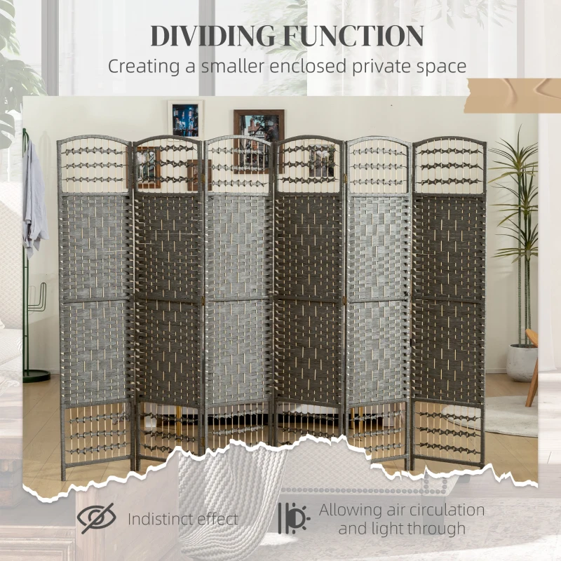 HOMCOM 6 Panel Folding Room Divider Portable Privacy Screen Wave Fiber Room Partition for Home Office Dark Gray