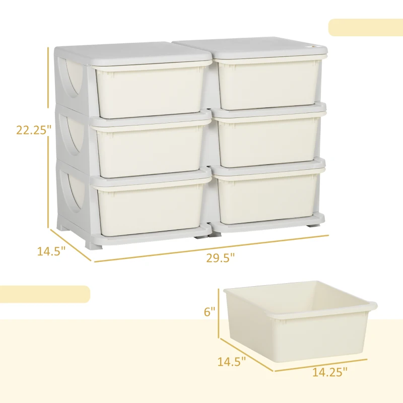Qaba 3 Tier Kids Storage Unit, 6 Drawer Chest Toy Organizer Plastic Bins for Kids Bedroom Nursery Kindergarten Living Room for Boys Girls Toddlers, Cream White