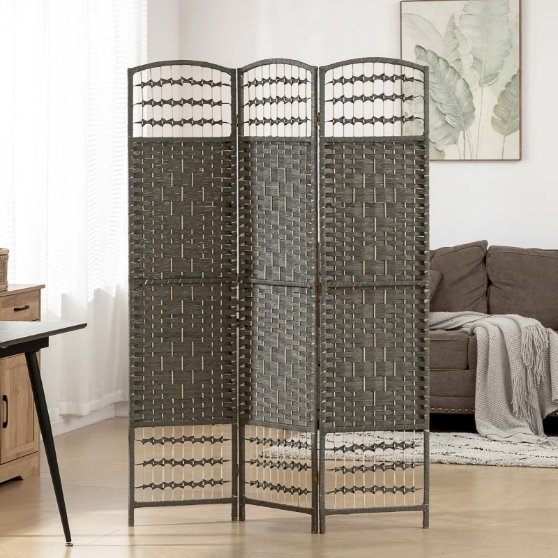HOMCOM 3 Panel Folding Room Divider Portable Privacy Screen Wave Fiber Room Partition for Home Office Dark Gray