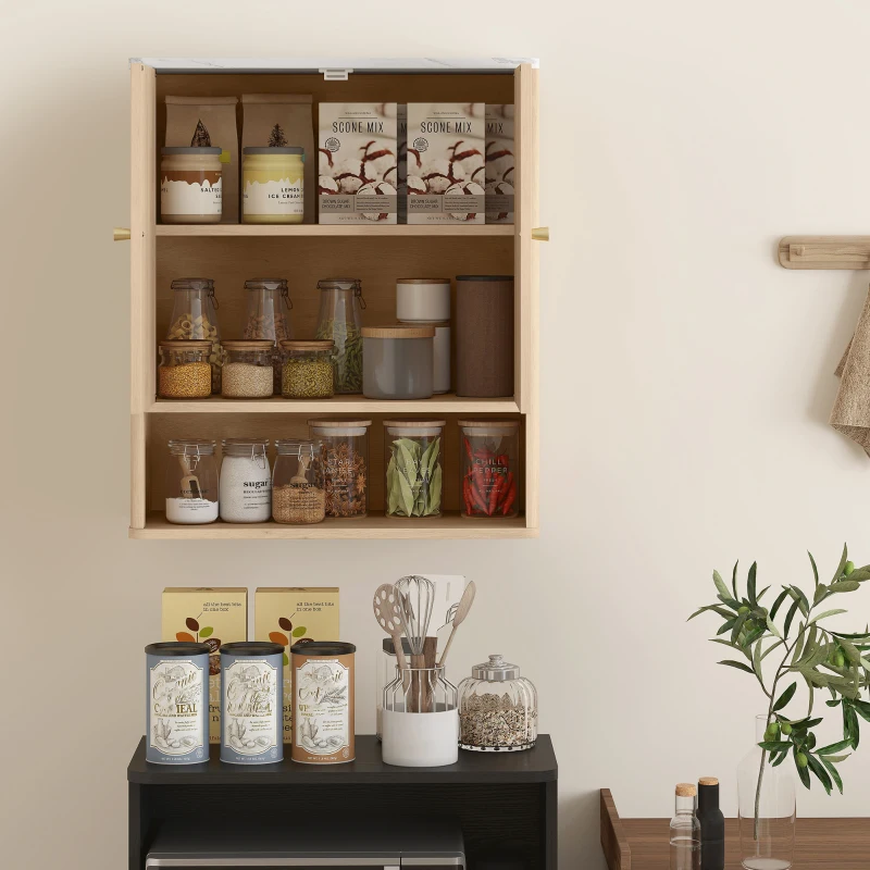 HOMCOM Bathroom Wall Cabinet, Wall-Mounted Medicine Cabinet with Adjustable Shelf, Open Shelf and Marble Effect Top, Oak