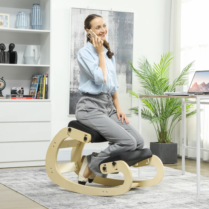 HOMCOM Ergonomic Kneeling Chair, Adjustable Rocking Wood Kneeling Stool, Desk Chair, Improve Posture, Black