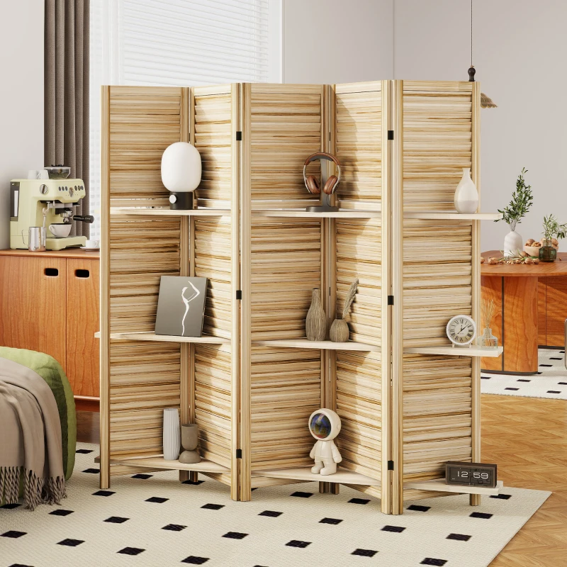 HOMCOM 5 Panel 67" Tall Wood Privacy Screen Room Divider with 3 Shelves and Folding Storage for Bedroom, Natural Wood
