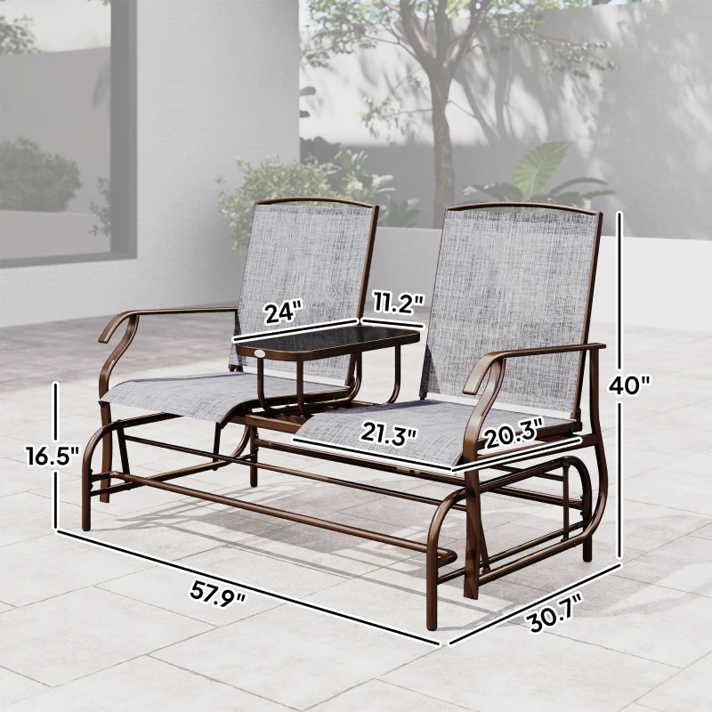 Outsunny 2-Seat Outdoor Glider Swing, Center Coffee Table and Independent Chairs, Supports Up to 352 lbs., Loveseat with Breathable Sling for Backyard, Garden, and Porch, Brown