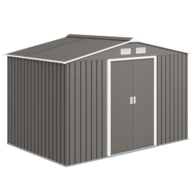 Outsunny 9' x 6' Outdoor Storage Shed, Garden Tool House with Foundation Kit, 4 Vents and 2 Easy Sliding Doors for Backyard, Patio, Garage, Lawn, Gray