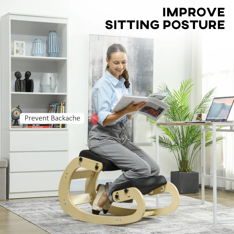 HOMCOM Ergonomic Kneeling Chair, Adjustable Rocking Wood Kneeling Stool, Desk Chair, Improve Posture, Black