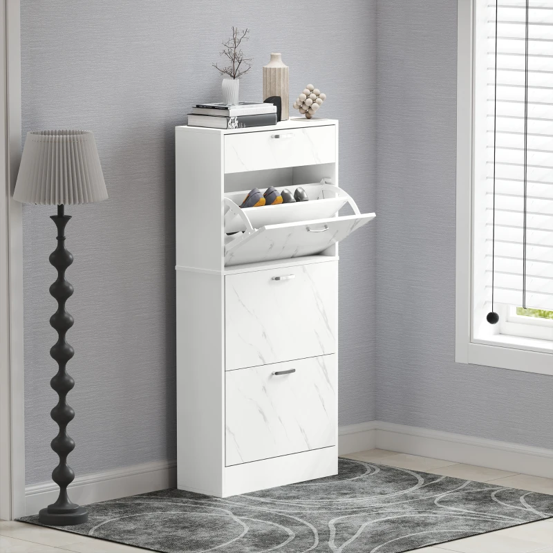HOMCOM 3 Flip Drawer Shoe Cabinet, Marble-Effect Narrow Shoe Storage Cabinet with Top Drawer and Adjustable Shelves, White
